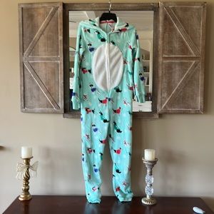 Plush Cozy Pajamas One piece Zip Up Hooded Puppy Dogs Christmas Womens